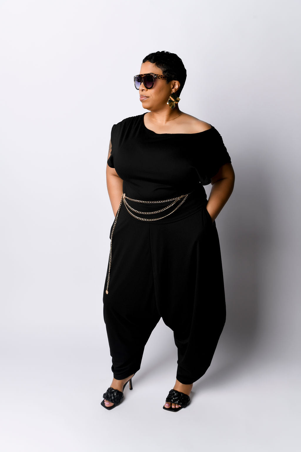 "Black Card" Two-piece Batwing Sleeve Top & Harem Pant Set w/Gold Chain Belt