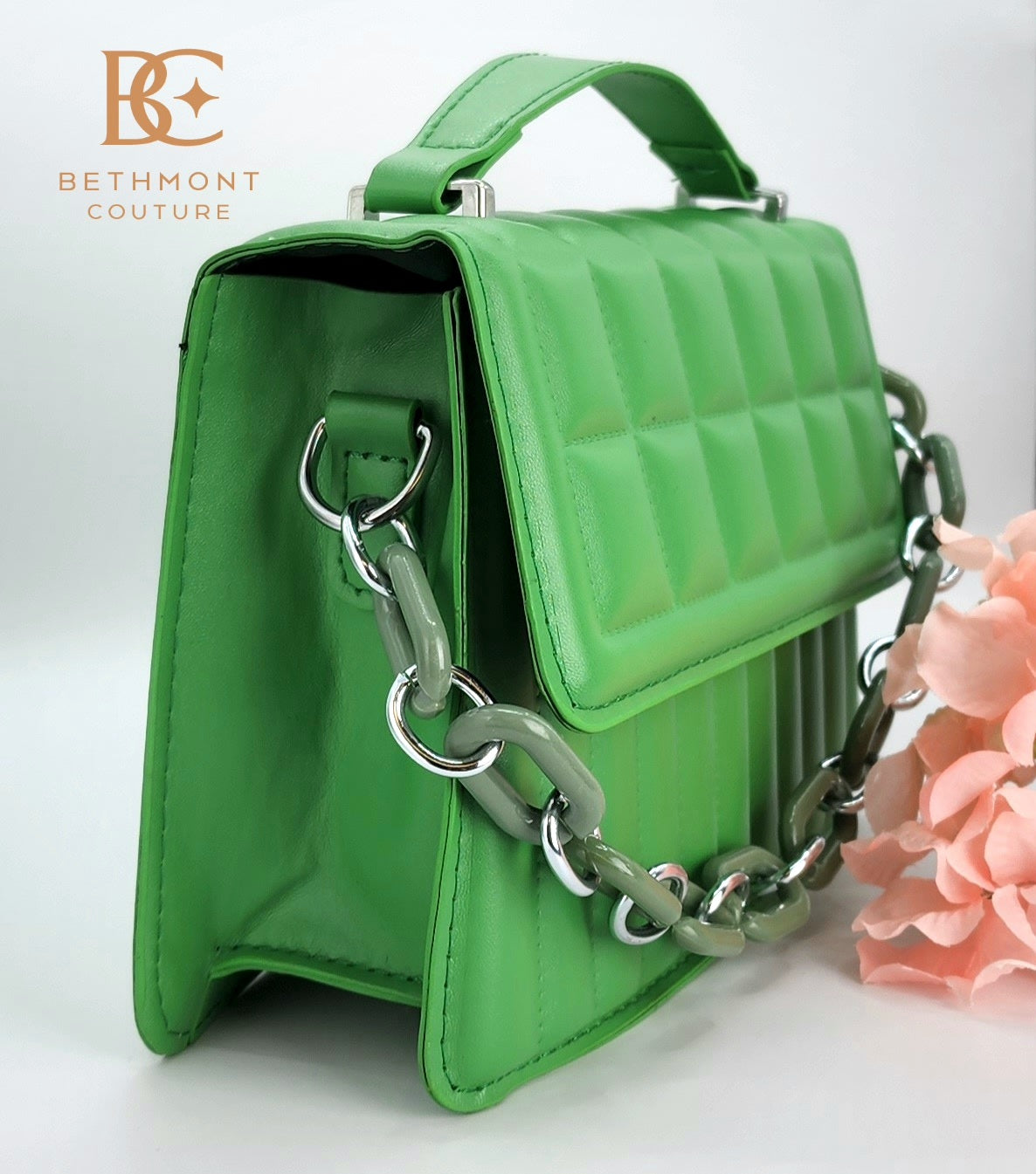 Green "Eva" Quilted Purse w/green & silver accent chain