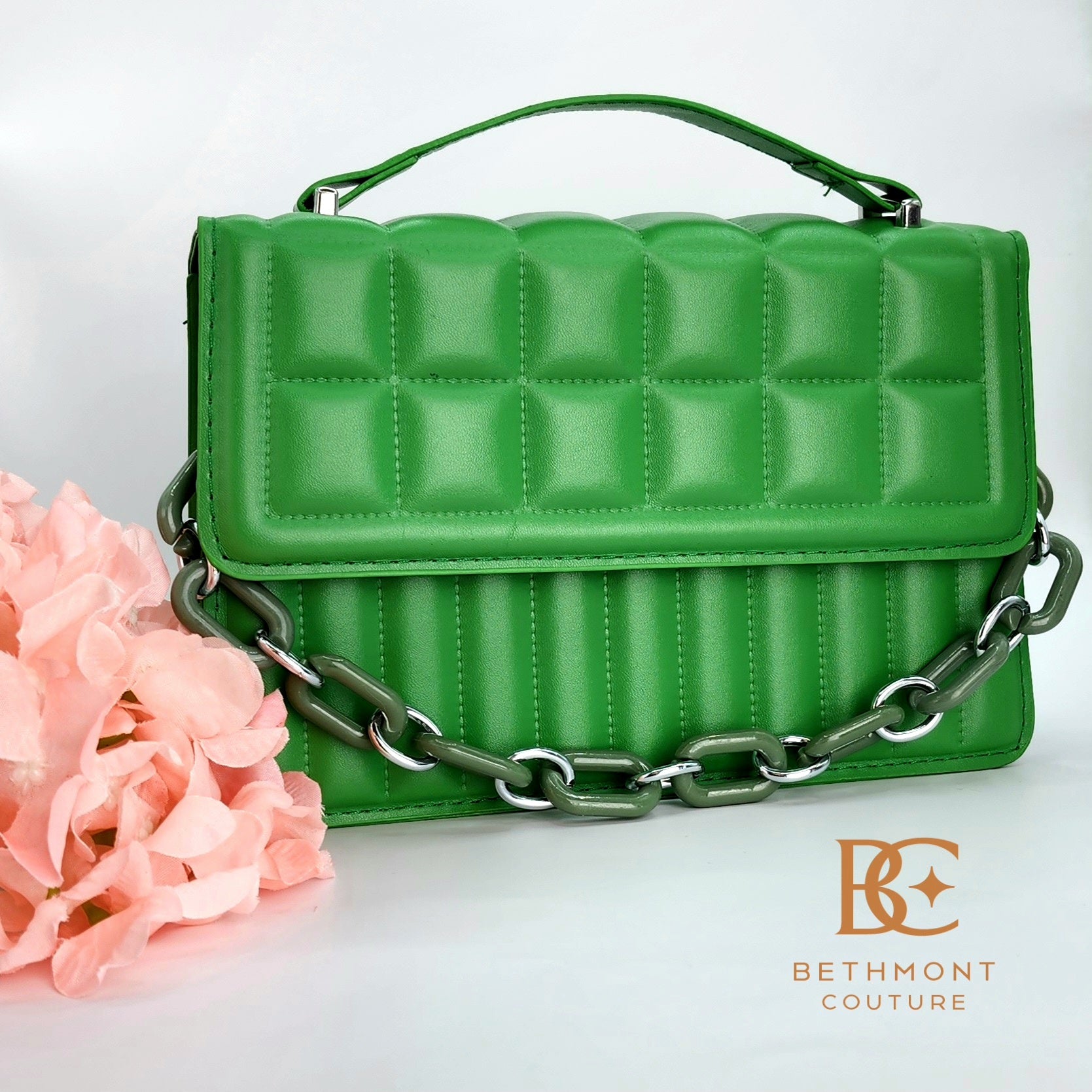 Green "Eva" Quilted Purse w/green & silver accent chain